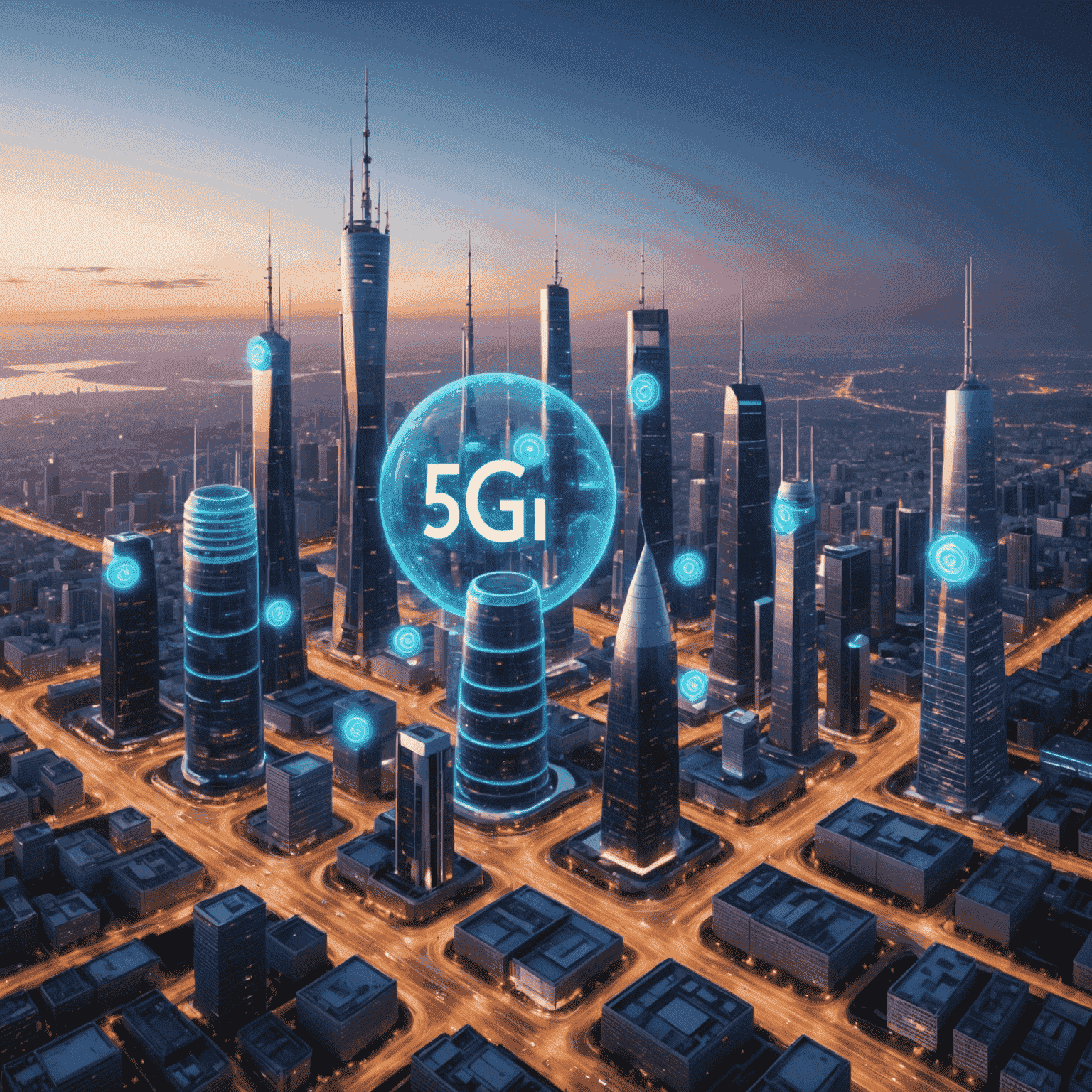 صورة توضيحية لشبكة الجيل الخامس 5G تظهر أبراج اتصالات متطورة وأجهزة ذكية متصلة