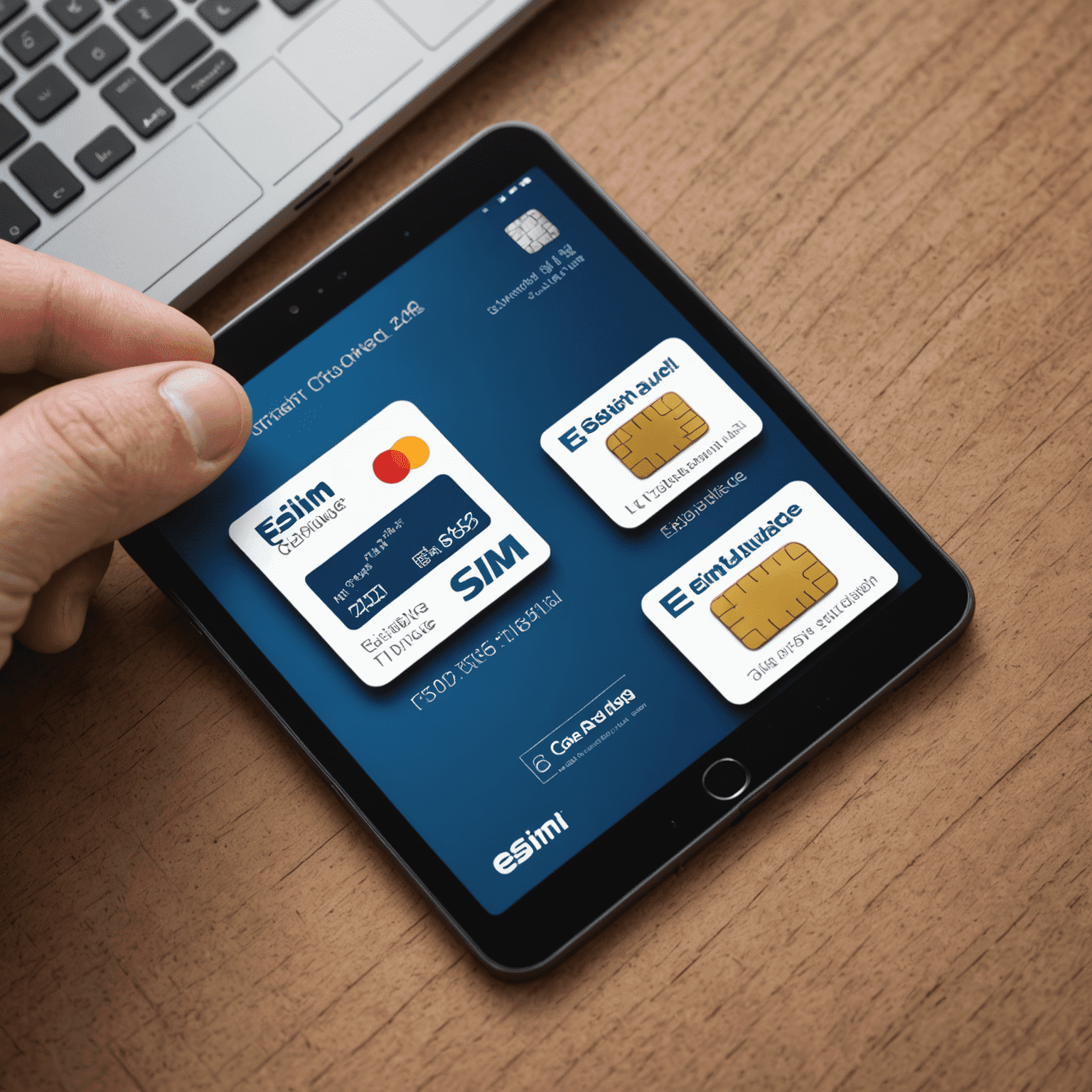 صورة توضيحية لبطاقة eSIM مقارنة ببطاقة SIM التقليدية، مع رسوم بيانية توضح زيادة استخدام eSIM